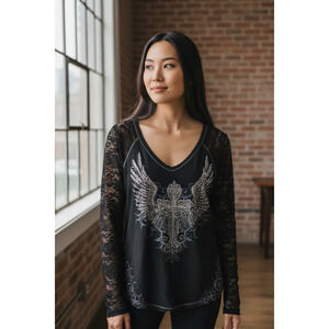 4668) Maurices Premium Black Long Sleeve Lace Graphic Goth Whimsy V neck Tee Med